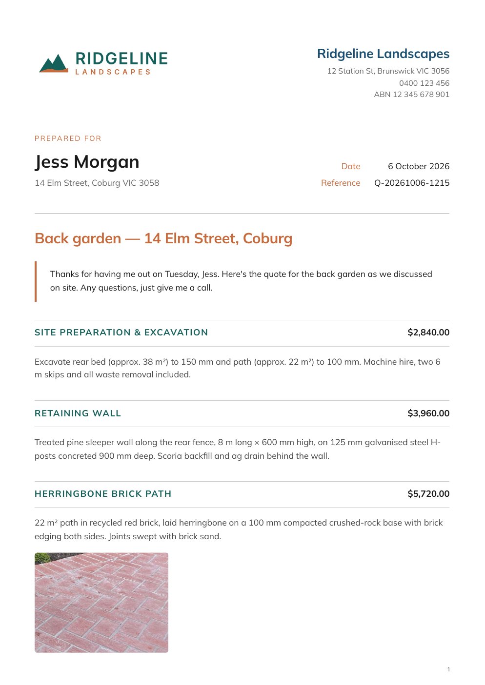 Page one of a Rafter PDF quote: business logo and details, customer name and address, job title, a personal note, then priced sections for excavation, retaining wall and a herringbone brick path with a photo
